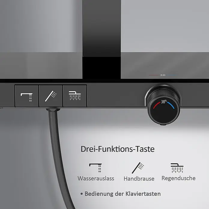 Emke Duschsystem Edgeflow F13 - Mit Thermostatarmatur, Lochabstand: 105 cm, Anzahl Strahlarten: 3 Stk., Schwarz - Schwarzer Duschthermostat mit drei Funktionsknöpfen und 38°C Temperaturregler.