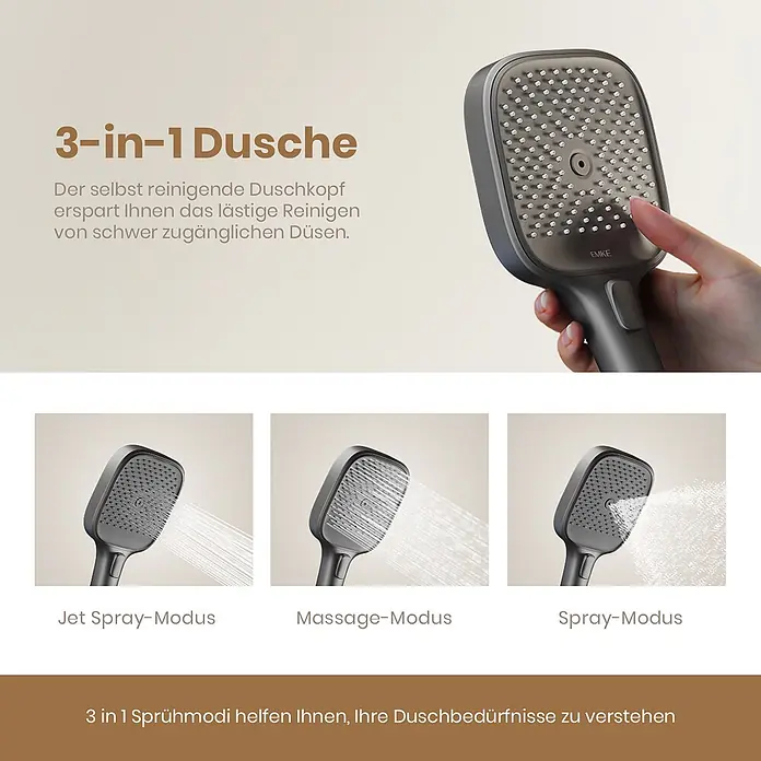 Emke Duschsystem Slimtrim F23 - Mit Thermostatarmatur, Lochabstand: 105 cm, Anzahl Strahlarten: 3 Stk., Anthrazit - Dunkelgrauer, quadratischer Duschkopf mit selbstreinigenden Düsen, demonstriert drei Strahlarten: Jet, Massage und Normalstrahl.