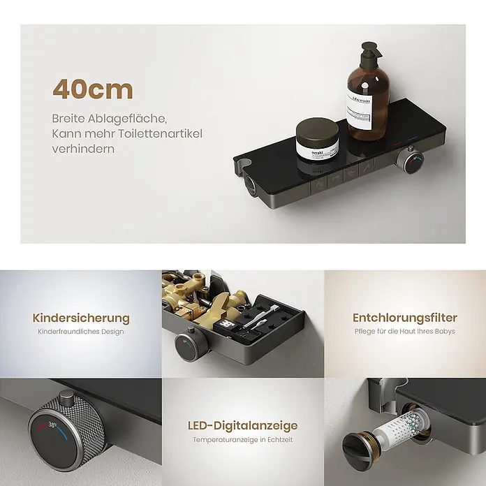 EMKE Duschsysteme Slimtrim F23 -  - Dunkelgraue Duscharmatur mit 40cm Ablagefläche, digitaler Temperaturanzeige, Kindersicherung und Entchlorungsfilter.