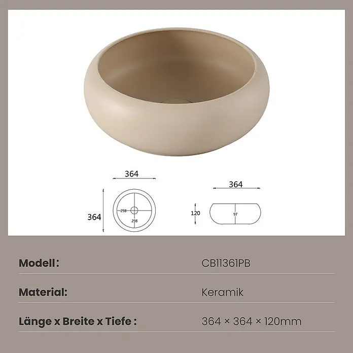 Emke Aufsatzwaschbecken Ceraround CB11 - 36 x 36 cm, Hahnloch: Ohne, Ohne Überlauf, Beige - Beiges rundes Keramik-Aufsatzwaschbecken.