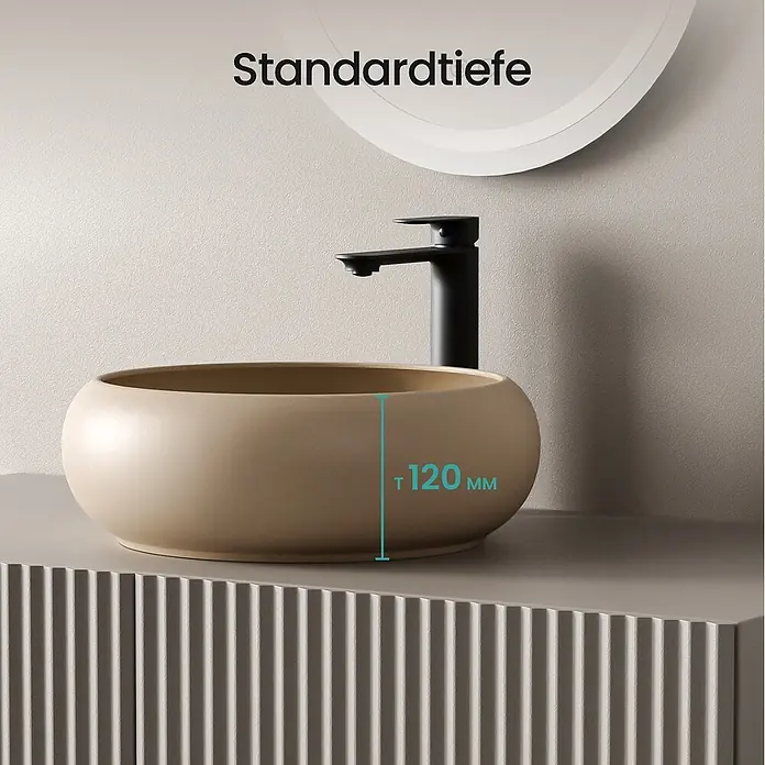 Emke Aufsatzwaschbecken Ceraround CB11 - 36 x 36 cm, Hahnloch: Ohne, Ohne Überlauf, Beige - Beiges, rundes Aufsatzwaschbecken mit schwarzem Wasserhahn, zeigt 120 mm Standardtiefe.