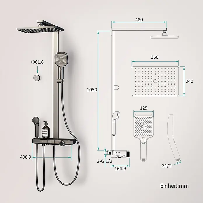 EMKE Duschsysteme Slimtrim F23 -  - Dunkles Duschsystem mit quadratischem Regenbrausekopf, Handbrause und integriertem Thermostatmischer.