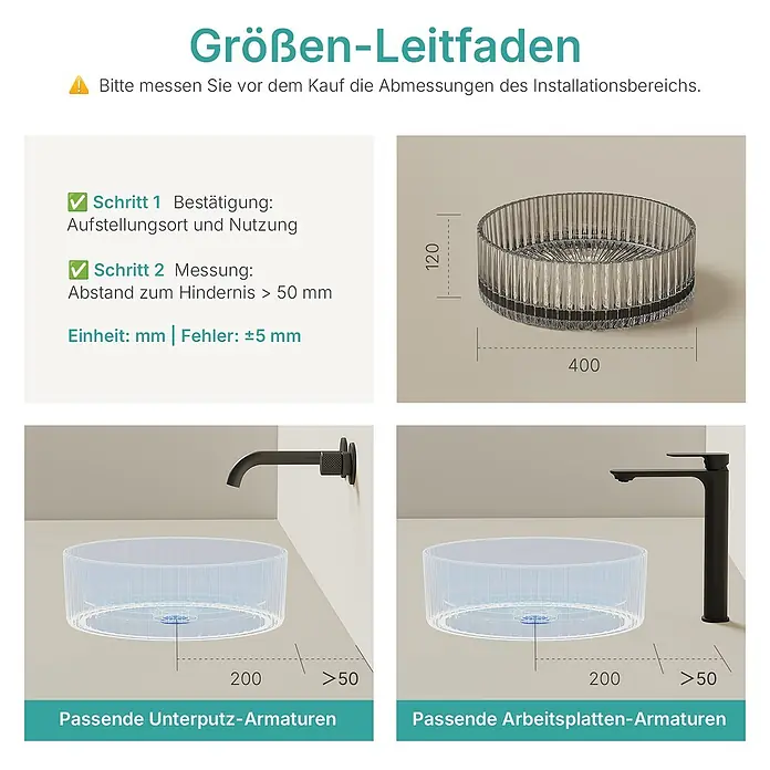 Emke Aufsatzwaschbecken Loviton CB32 - Hahnloch: Ohne, Ohne Überlauf, Grau - Größen-Leitfaden für ein geriffeltes, transparentes Waschbecken, mit Maßen und passenden Wand- und Arbeitsplattenarmaturen.