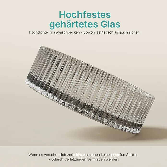 Emke Aufsatzwaschbecken Loviton CB32 - Hahnloch: Ohne, Ohne Überlauf, Grau - Rundes, klares, geriffeltes Waschbecken aus gehärtetem Glas, bruchsicher.