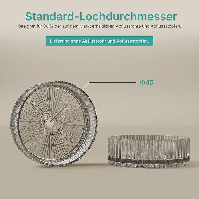 Emke Aufsatzwaschbecken Loviton CB32 - Hahnloch: Ohne, Ohne Überlauf, Grau - Transparentes, geriffeltes Abflusssieb mit 45 mm Durchmesser, passend für die meisten Standardabflüsse.