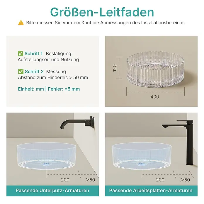 Emke Aufsatzwaschbecken Loviton CB32 - 40 x 40 cm, Hahnloch: Ohne, Ohne Überlauf, Klar - Installationsanleitung für ein klares, geriffeltes Glaswaschbecken, mit Maßen für Unterputz- und Arbeitsplatten-Armaturen.