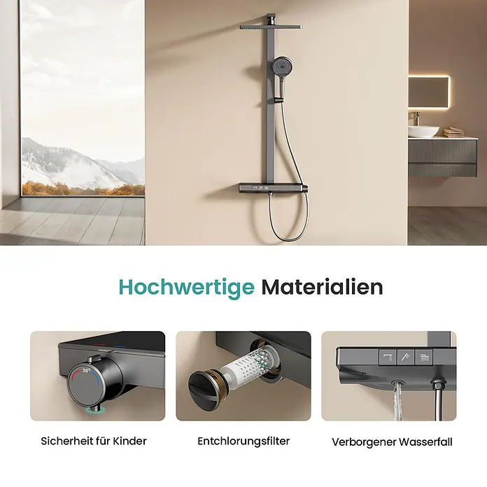 Emke Duschsystem SleeFlow F11 - Mit Thermostatarmatur, Lochabstand: 105 cm, Anzahl Strahlarten: 4 Stk., Anthrazit - Modernes dunkelgraues Duschsystem im Badezimmer, mit Funktionen wie Kindersicherheit, Chlorfilter und einem versteckten Wasserfallauslauf.