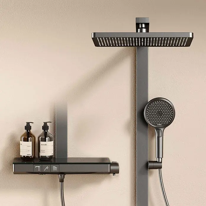 Emke Duschsystem SleeFlow F11 - Mit Thermostatarmatur, Lochabstand: 105 cm, Anzahl Strahlarten: 4 Stk., Anthrazit - Modernes dunkelgraues Duschsystem mit rechteckiger Kopfbrause, Handbrause und Bedieneinheit mit integrierter Ablage.
