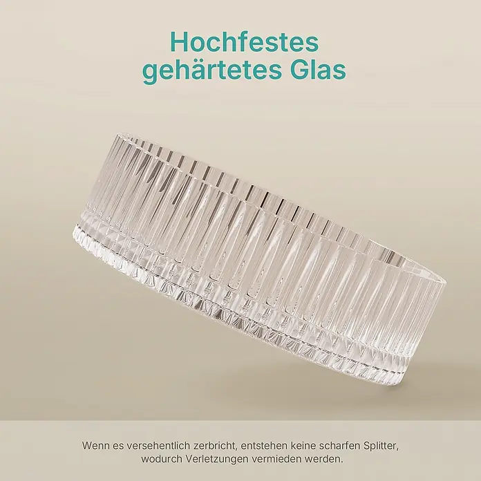 Emke Aufsatzwaschbecken Loviton CB32 - 40 x 40 cm, Hahnloch: Ohne, Ohne Überlauf, Klar - Klarer, gerippter Glasbehälter aus hochfestem, gehärtetem Glas. Bruchfest für erhöhte Sicherheit.