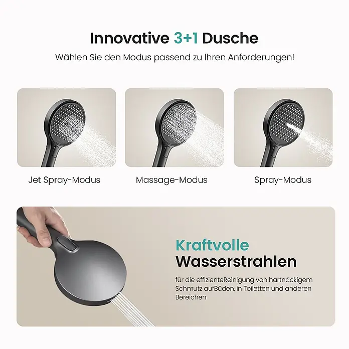 Emke Duschsystem SleeFlow F11 - Mit Thermostatarmatur, Lochabstand: 105 cm, Anzahl Strahlarten: 4 Stk., Anthrazit - Dunkelgrauer Duschkopf mit drei Strahlmodi (Jet, Massage, Spray) und einem kräftigen Reinigungsstrahl.