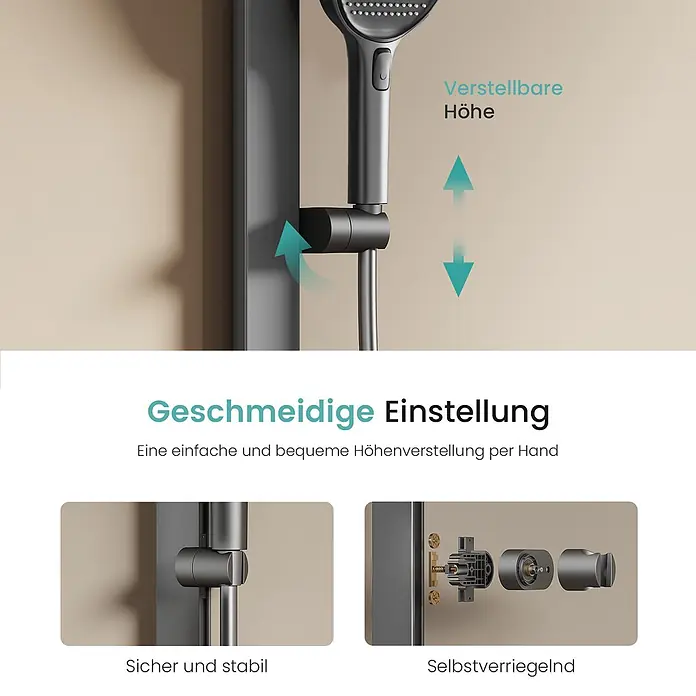 Emke Duschsystem SleeFlow F11 - Mit Thermostatarmatur, Lochabstand: 105 cm, Anzahl Strahlarten: 4 Stk., Anthrazit - Dunkelgraue Duschstange mit verstellbarem, selbstverriegelndem Halter für einen Duschkopf, zeigt reibungslose und sichere Höhenverstellung.