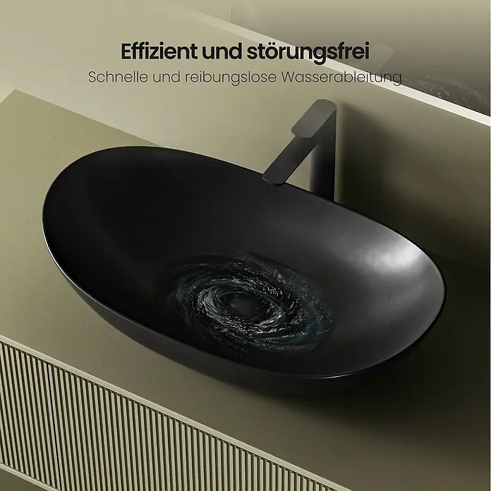 Emke Aufsatzwaschbecken Bovelari CB05 - 36 x 61,5 cm, Hahnloch: Ohne, Ohne Überlauf, Schwarz - Ein elegantes schwarzes ovales Waschbecken mit passendem Wasserhahn, Wasser wirbelt effizient ab.