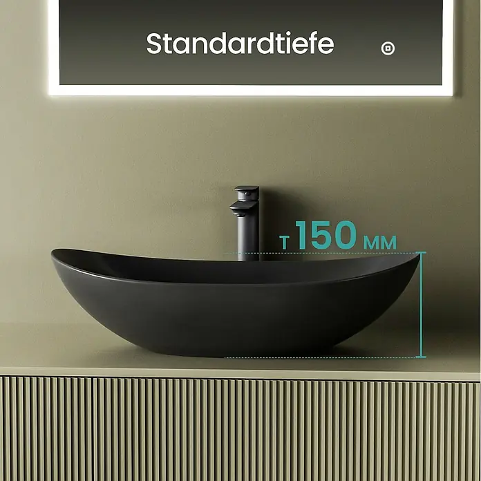 Emke Aufsatzwaschbecken Bovelari CB05 - 36 x 61,5 cm, Hahnloch: Ohne, Ohne Überlauf, Schwarz - Schwarzes ovales Aufsatzwaschbecken mit schwarzem Wasserhahn, zeigt eine Tiefe von 150 mm.