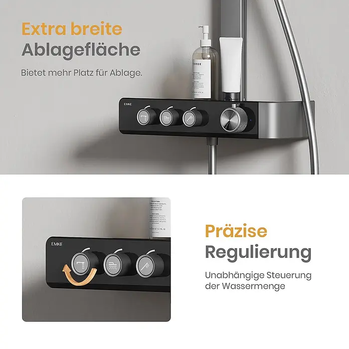 Emke Duschsystem SleeFlow F27 - Mit Thermostatarmatur, Lochabstand: 112 cm, Anzahl Strahlarten: 3 Stk., Anthrazit - Eine dunkelgraue Duscharmatur mit einer breiten Ablagefläche für Flaschen und mehreren Reglern für präzise Wassersteuerung.