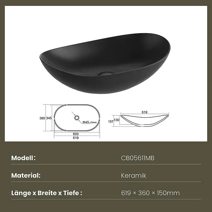 Emke Aufsatzwaschbecken Bovelari CB05 - 36 x 61,5 cm, Hahnloch: Ohne, Ohne Überlauf, Schwarz - Schwarzes ovales Keramik-Waschbecken, 619x360x150mm.