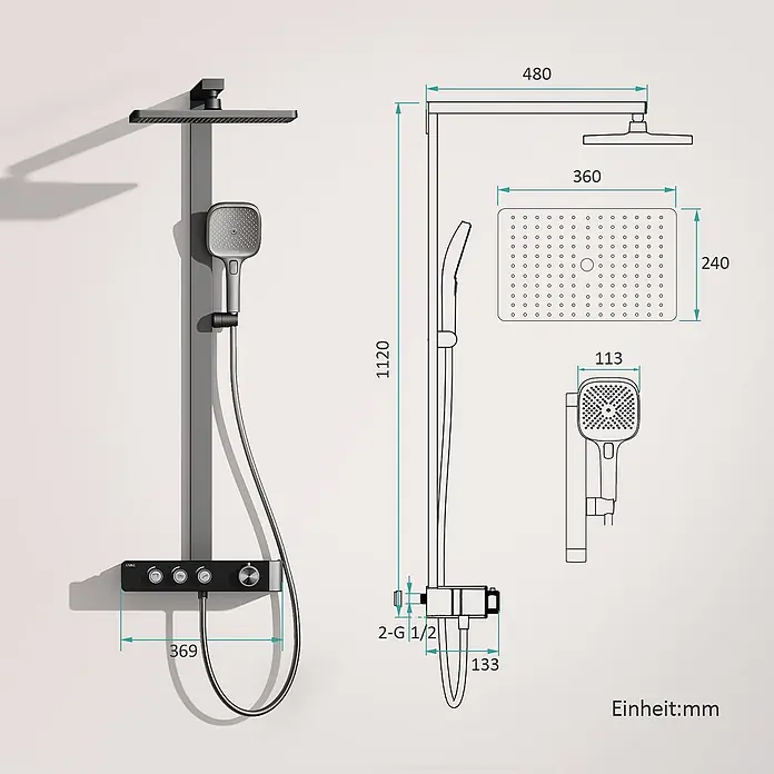 Emke Duschsystem SleeFlow F27 - Mit Thermostatarmatur, Lochabstand: 112 cm, Anzahl Strahlarten: 3 Stk., Anthrazit - Modernes dunkelgraues Duschsystem mit rechteckiger Kopf- und Handbrause, Steuereinheit und Maßen.