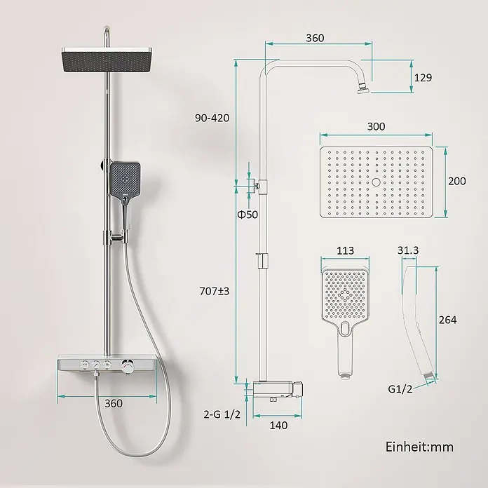 Emke Duschsystem Orbflow F09 - Mit Thermostatarmatur, Lochabstand: 70,7 cm, Anzahl Strahlarten: 3 Stk., Chrom - Verchromtes Duschsystem mit quadratischer Kopf- und Handbrause sowie Thermostatmischer, inklusive Maßen.