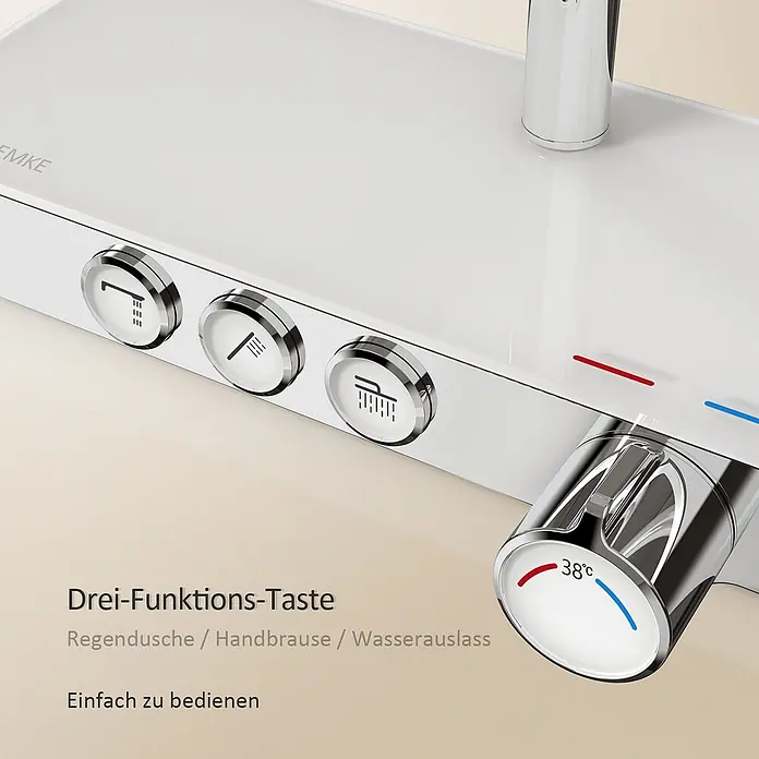Emke Duschsystem Orbflow F09 - Mit Thermostatarmatur, Lochabstand: 70,7 cm, Anzahl Strahlarten: 3 Stk., Chrom - Weißes Duschpaneel mit drei Chrom-Funktionstasten (Regendusche, Handbrause, Wasserauslass) und einem 38°C-Thermostatregler.