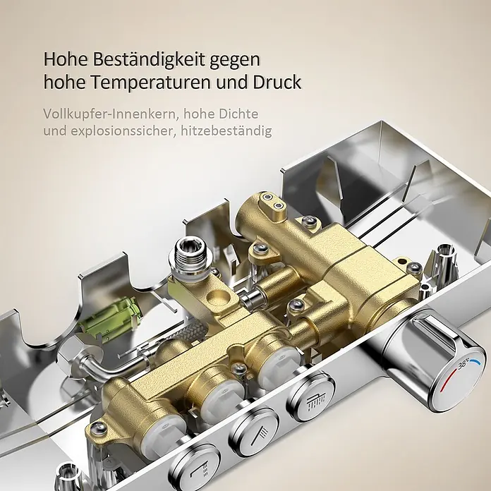 Emke Duschsystem Orbflow F09 - Mit Thermostatarmatur, Lochabstand: 70,7 cm, Anzahl Strahlarten: 3 Stk., Chrom - Duscharmatur mit freiliegendem Messing-Innenleben, verchromtem Gehäuse, Temperaturregler auf 38°C und Funktionstasten. Mit hochdichtem Kupferkern.