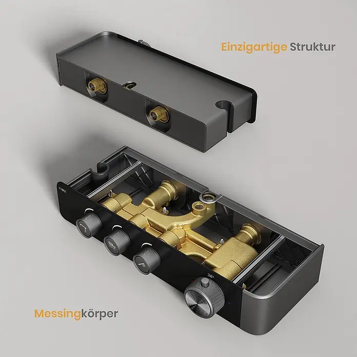 Emke Duschsystem SleeFlow F27 - Mit Thermostatarmatur, Lochabstand: 112 cm, Anzahl Strahlarten: 3 Stk., Anthrazit - Zerlegte dunkelgraue Duscharmatur mit freiliegendem Messingkörper und Bedienelementen.