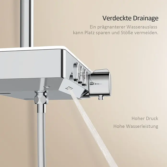 Emke Duschsystem Orbflow F09 - Mit Thermostatarmatur, Lochabstand: 70,7 cm, Anzahl Strahlarten: 3 Stk., Chrom - Glänzendes Chrom-Duschsystem mit verdecktem Wasserauslauf und starkem Wasserfluss, das hohen Druck und Leistung bietet.