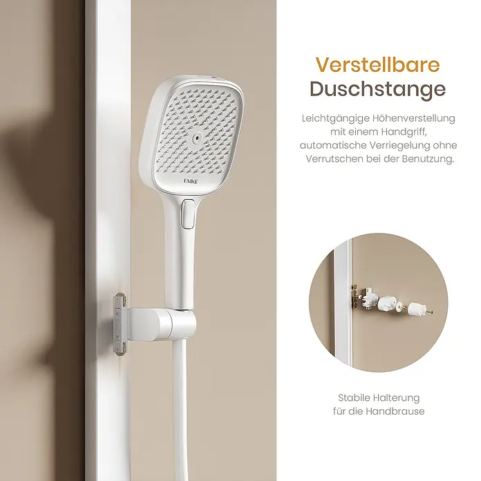 Emke Duschsystem SleeFlow F29 - Mit Thermostatarmatur, Lochabstand: 105 cm, Anzahl Strahlarten: 4 Stk., Weiß - Weißer Duschkopf an verstellbarer Duschstange, an der Wand montiert.