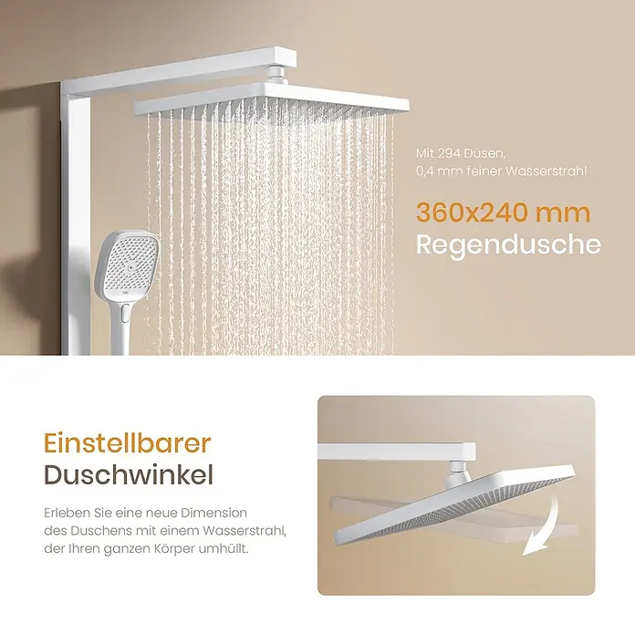 Emke Duschsystem SleeFlow F29 - Mit Thermostatarmatur, Lochabstand: 105 cm, Anzahl Strahlarten: 4 Stk., Weiß - Weißes Duschsystem mit quadratischem Regenduschkopf (360x240mm) und Handbrause. Mit 294 Düsen, 0,4mm feinem Wasserstrahl & verstellbarem Winkel.