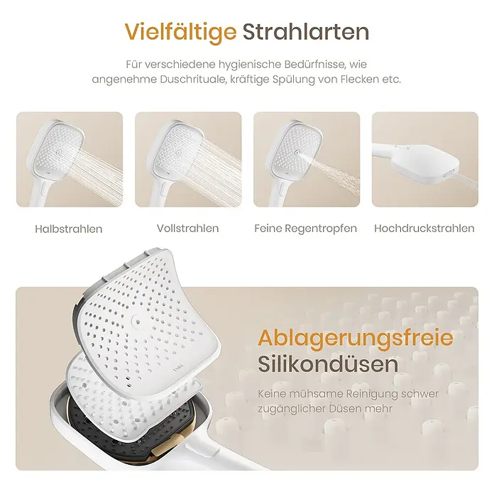 Emke Duschsystem SleeFlow F29 - Mit Thermostatarmatur, Lochabstand: 105 cm, Anzahl Strahlarten: 4 Stk., Weiß - Weißer Duschkopf mit verschiedenen Strahlarten und leicht zu reinigenden Silikondüsen.