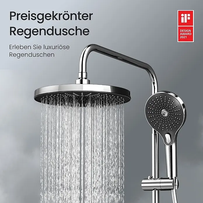 Emke Duschsystem Orbflow F25 - Mit Thermostatarmatur, Lochabstand: 110 cm, Anzahl Strahlarten: 3 Stk., Chrom - Ein verchromter Regenduschkopf sprüht Wasser, daneben eine passende Handbrause.