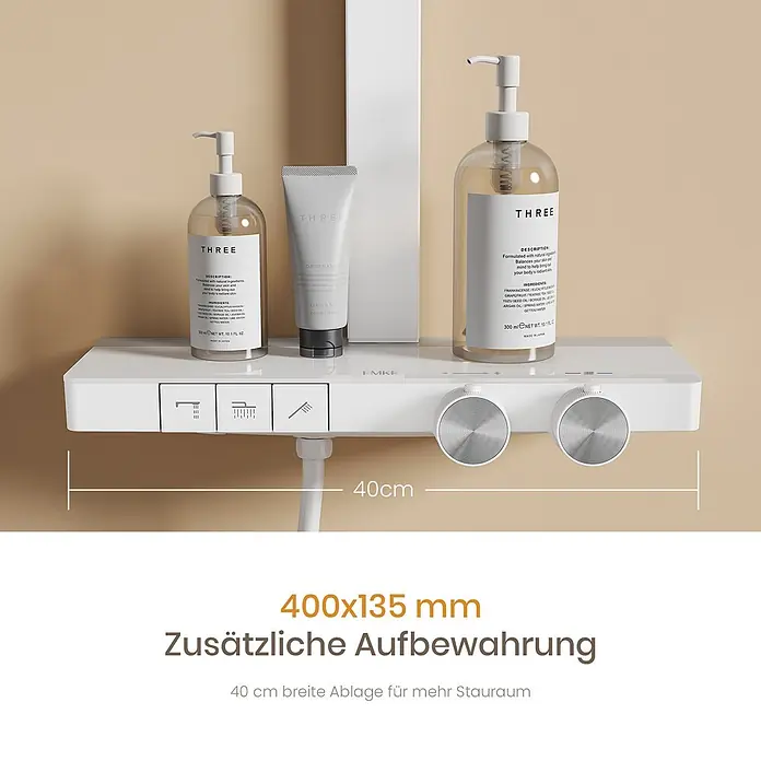 Emke Duschsystem SleeFlow F29 - Mit Thermostatarmatur, Lochabstand: 105 cm, Anzahl Strahlarten: 4 Stk., Weiß - Weißes Duschthermostat mit integrierter 40cm Ablage für Seifenflaschen. Mit Drucktasten und Drehknöpfen zur Wasserregulierung.