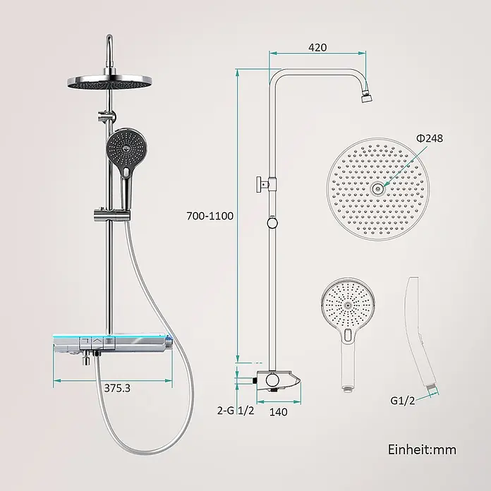 Emke Duschsystem Orbflow F25 - Mit Thermostatarmatur, Lochabstand: 110 cm, Anzahl Strahlarten: 3 Stk., Chrom - Chrom-Duschsystem mit runder Kopf- und Handbrause sowie horizontalem Thermostatmischer. Maße sind angegeben.