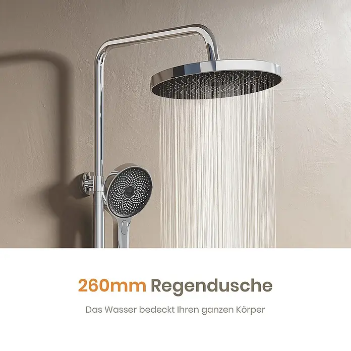 Emke Duschsystem SleeFlow F28 - Mit Thermostatarmatur, Lochabstand: 119 cm, Anzahl Strahlarten: 3 Stk., Chrom - Chrom-Duschsystem mit einem breiten Regenduschkopf, der Wasser sprüht, und einer Handbrause.