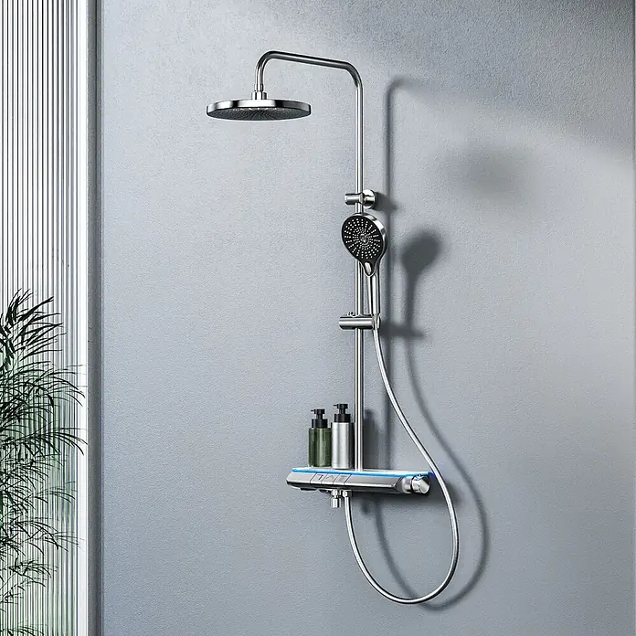 Emke Duschsystem Orbflow F25 - Mit Thermostatarmatur, Lochabstand: 110 cm, Anzahl Strahlarten: 3 Stk., Chrom - Chromfarbenes Duschsystem mit Kopf- und Handbrause, integrierter Ablage und LED-Akzenten.