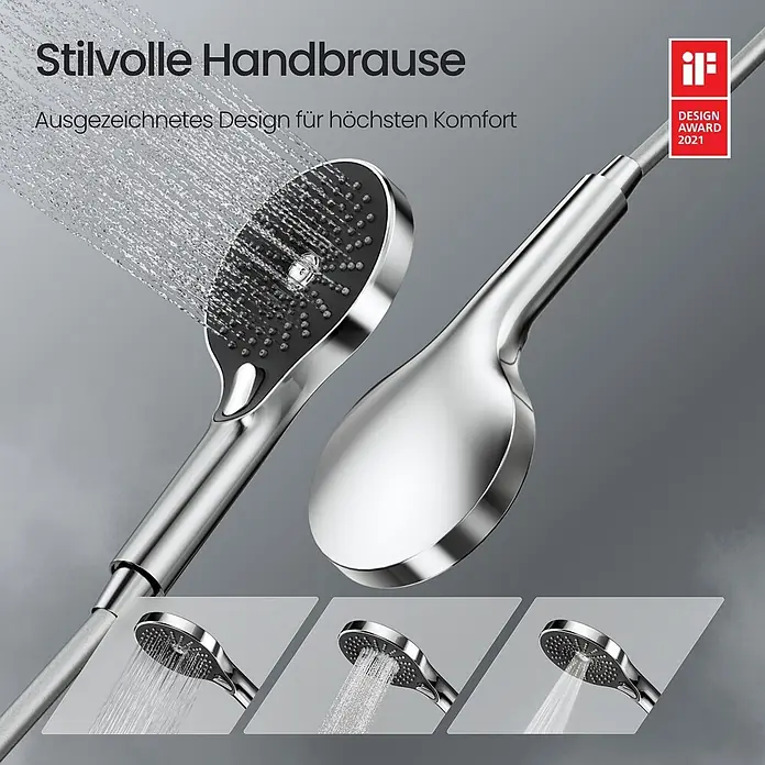 Emke Duschsystem Orbflow F25 - Mit Thermostatarmatur, Lochabstand: 110 cm, Anzahl Strahlarten: 3 Stk., Chrom - Verchromte Handbrause mit Wasserstrahl, verschiedene Strahlarten zeigend.