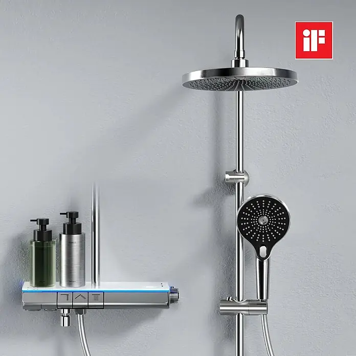 Emke Duschsystem Orbflow F25 - Mit Thermostatarmatur, Lochabstand: 110 cm, Anzahl Strahlarten: 3 Stk., Chrom - Modernes Duschsystem aus Chrom mit Kopfbrause, Handbrause und integrierter Thermostatablage mit Bedienelementen und zwei Spendern.