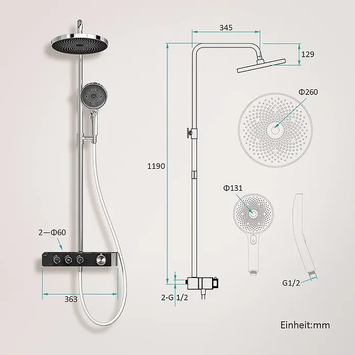 Emke Duschsystem SleeFlow F28 - Mit Thermostatarmatur, Lochabstand: 119 cm, Anzahl Strahlarten: 3 Stk., Chrom - Verchromtes Duschsystem mit runden Kopf- und Handbrausen und schwarzem Thermostatmischer. Maße sind dargestellt.
