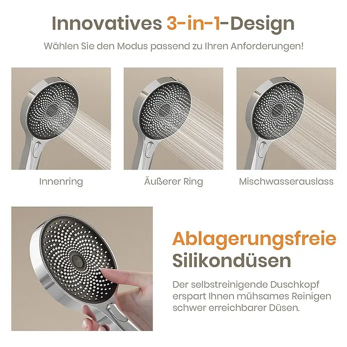 Emke Duschsystem SleeFlow F28 - Mit Thermostatarmatur, Lochabstand: 119 cm, Anzahl Strahlarten: 3 Stk., Chrom - Silberner Duschkopf mit 3-in-1-Funktion und selbstreinigenden Silikondüsen für verschiedene Strahlarten.