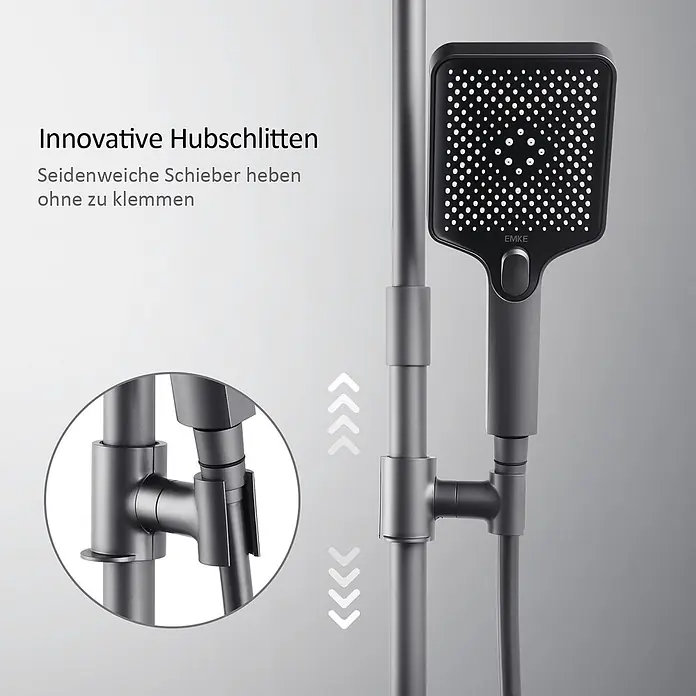 Emke Duschsystem Orbflow F08 - Mit Thermostatarmatur, Lochabstand: 72,2 cm, Anzahl Strahlarten: 3 Stk., Anthrazit - Dunkelgraue Handbrause mit verstellbarer Halterung an einer Stange, für reibungsloses, klemmfreies Höhenverstellen.