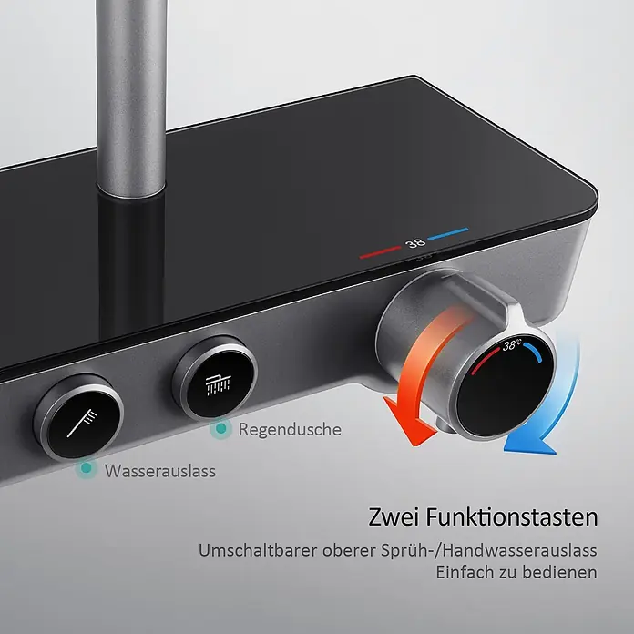 Emke Duschsystem Orbflow F08 - Mit Thermostatarmatur, Lochabstand: 72,2 cm, Anzahl Strahlarten: 3 Stk., Anthrazit - Modernes Duschbedienfeld in Grau-Schwarz mit digitaler 38°C-Anzeige, Temperaturregler und zwei Tasten für Wasserauslass und Regendusche.