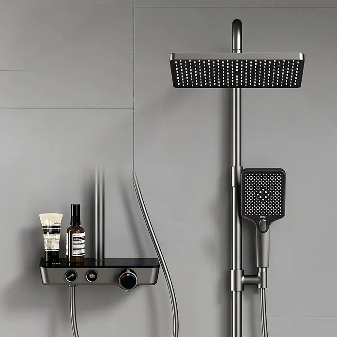 Emke Duschsystem Orbflow F08 - Mit Thermostatarmatur, Lochabstand: 72,2 cm, Anzahl Strahlarten: 3 Stk., Anthrazit - Modernes dunkelgraues Duschsystem mit quadratischen Kopf-/Handbrausen und Thermostatmischer mit Digitalanzeige.