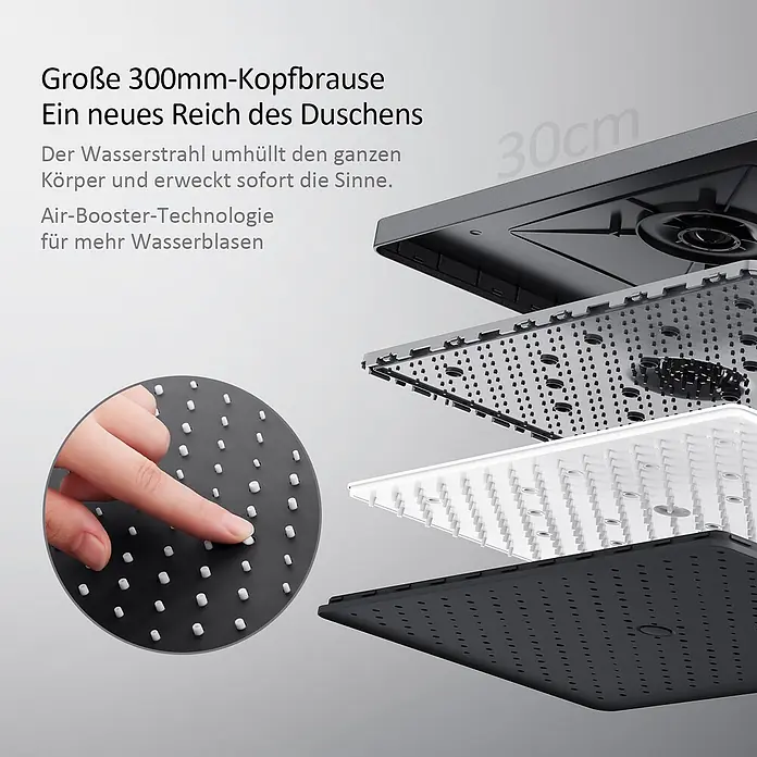 Emke Duschsystem Orbflow F08 - Mit Thermostatarmatur, Lochabstand: 72,2 cm, Anzahl Strahlarten: 3 Stk., Anthrazit - Explosionsansicht einer großen 300mm schwarzen Kopfbrause, zeigt Innenleben und eine Hand, die flexible Düsen drückt.