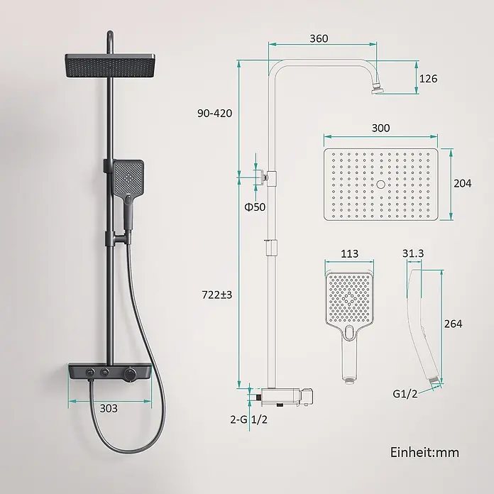 Emke Duschsystem Orbflow F08 - Mit Thermostatarmatur, Lochabstand: 72,2 cm, Anzahl Strahlarten: 3 Stk., Anthrazit - Dunkelgraues Duschsystem mit rechteckiger Kopf- und quadratischer Handbrause, minimalistischem Mischer und Maßlinien.