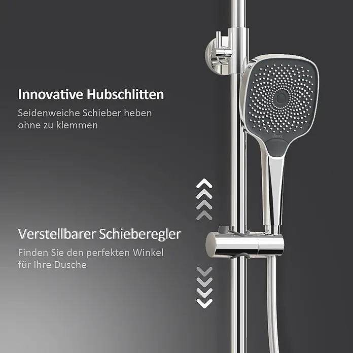 Emke Duschsystem Orbflow F12 - Mit Thermostatarmatur, Lochabstand: 77,4 cm, Anzahl Strahlarten: 3 Stk., Chrom - Verstellbare Chrom-Duschstange mit einem grauen und verchromten quadratischen Duschkopf auf einem Gleithalter.