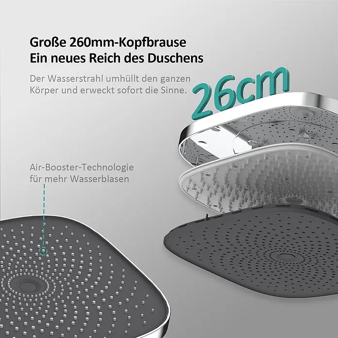 Emke Duschsystem Orbflow F12 - Mit Thermostatarmatur, Lochabstand: 77,4 cm, Anzahl Strahlarten: 3 Stk., Chrom - Großer 260mm Duschkopf mit Air-Booster Technologie, zeigt zerlegte Schichten und Duschdüsen.