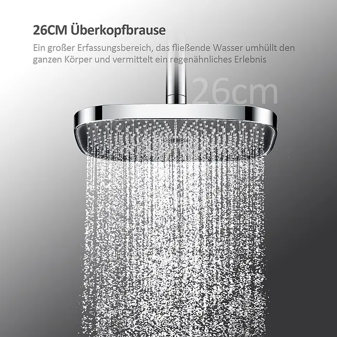 Emke Duschsystem Orbflow F12 - Mit Thermostatarmatur, Lochabstand: 77,4 cm, Anzahl Strahlarten: 3 Stk., Chrom - Große 26 cm verchromte Überkopfbrause, die Wasser sprüht und ein regenähnliches Erlebnis bietet.