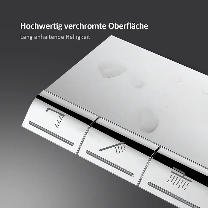 Emke Duschsystem Orbflow F12 - Mit Thermostatarmatur, Lochabstand: 77,4 cm, Anzahl Strahlarten: 3 Stk., Chrom - Nahaufnahme einer hochwertigen, verchromten Duschbedienplatte mit geätzten Symbolen für verschiedene Strahlarten und Wassertropfen auf der Oberfläche.