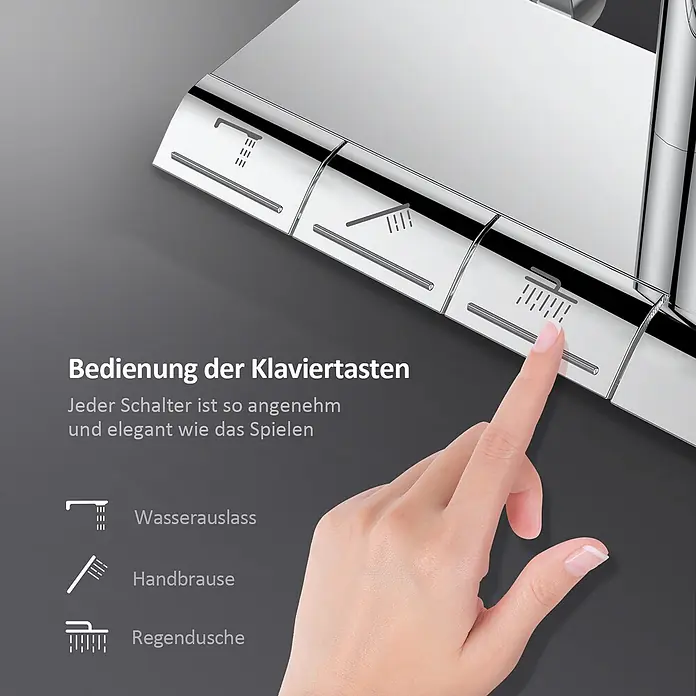 Emke Duschsystem Orbflow F12 - Mit Thermostatarmatur, Lochabstand: 77,4 cm, Anzahl Strahlarten: 3 Stk., Chrom - Eine Hand drückt auf ein Chrom-Duschbedienfeld mit Klaviertasten und Symbolen für Wasserauslass, Handbrause und Regendusche.