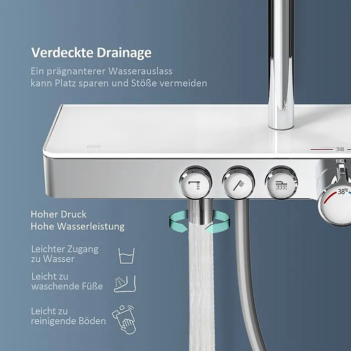 Emke Duschsystem Orbflow F10 - Mit Thermostatarmatur, Lochabstand: 72,6 cm, Anzahl Strahlarten: 3 Stk., Chrom - Moderner Duschmischer aus Chrom und Weiß mit verdeckter Drainage, integrierter Temperaturanzeige (38°C) und Bedienknöpfen, Wasser fließt.