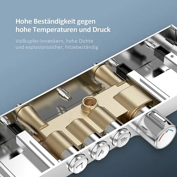 Emke Duschsystem Orbflow F10 - Mit Thermostatarmatur, Lochabstand: 72,6 cm, Anzahl Strahlarten: 3 Stk., Chrom - Schnittansicht eines Duschmischers mit langlebigem Messing-Innenkern und verchromten Thermostatreglern, ausgelegt für hohe Temperaturen und Druck.