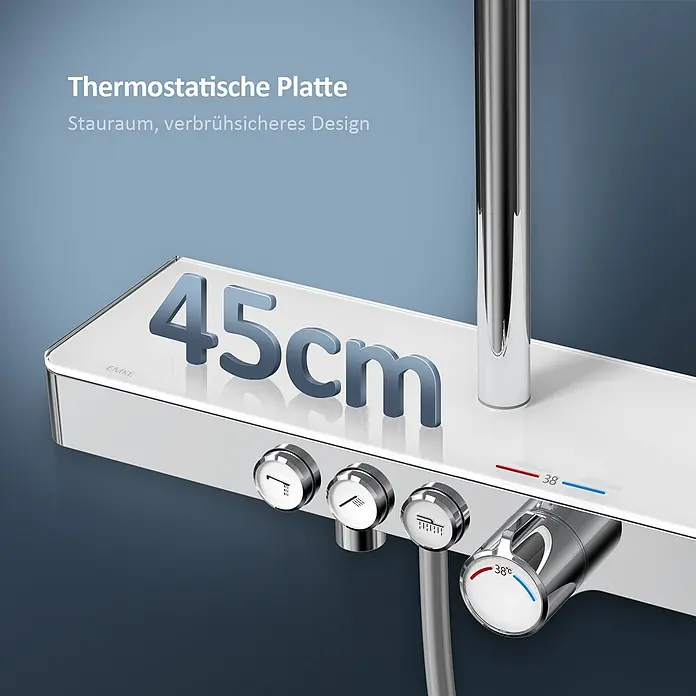 Emke Duschsystem Orbflow F10 - Mit Thermostatarmatur, Lochabstand: 72,6 cm, Anzahl Strahlarten: 3 Stk., Chrom - 45cm verchromte und weiße thermostatische Duschplatte mit Ablagefläche, Verbrühschutz und Duschfunktionen.